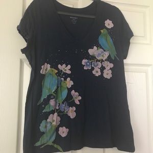 Blue t-shirt with Flowers and a Bird